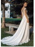 Cap Sleeves Ivory Lace Chiffon Boho Beach Wedding Dress